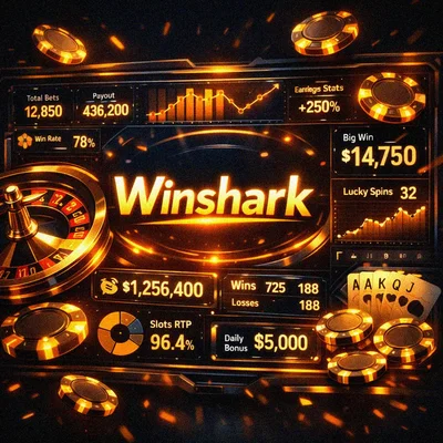 Winshark casino dashboard with golden holographic data